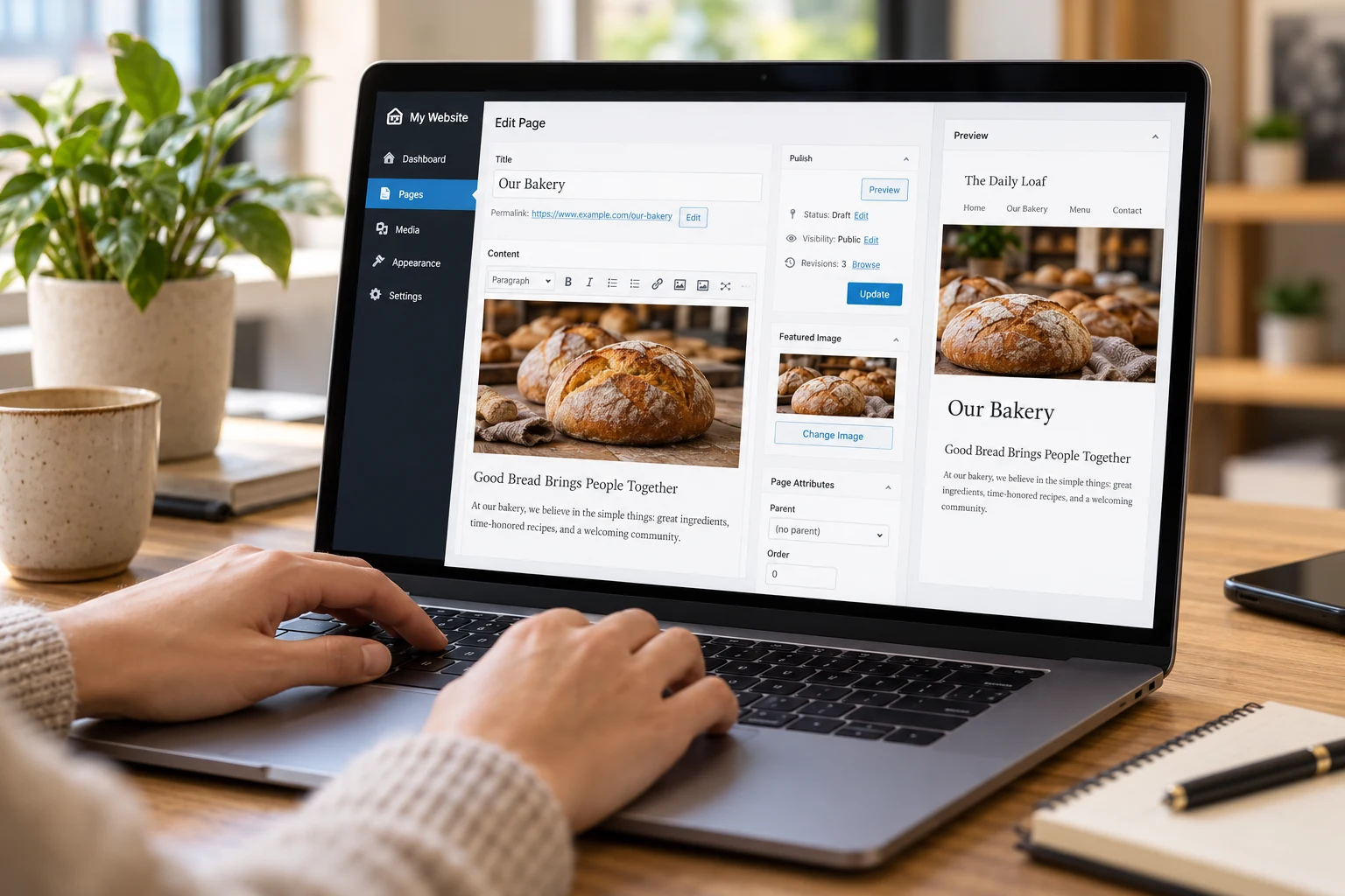Website content editor on a laptop