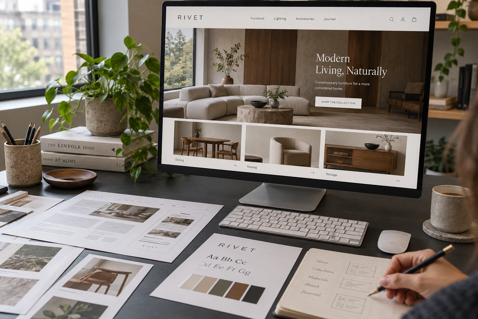 Furniture website and printed layouts on a design desk