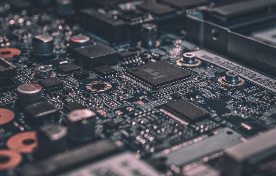 Close-up of a circuit board showing interconnected processors and components